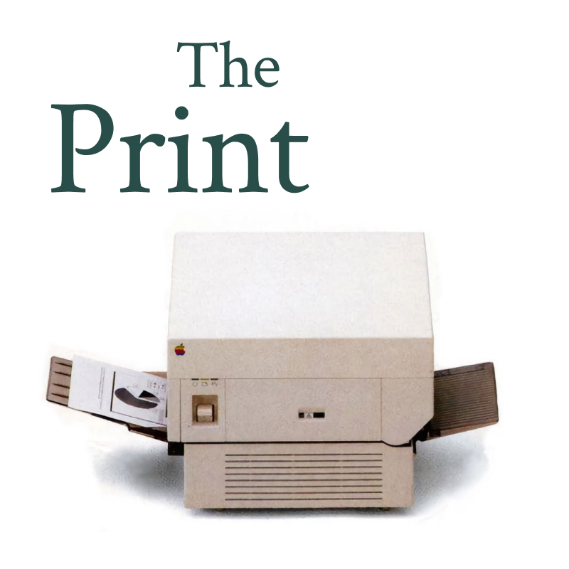 A retro Apple LaserWriter printer on a white background, with The Print in dark green serif type
